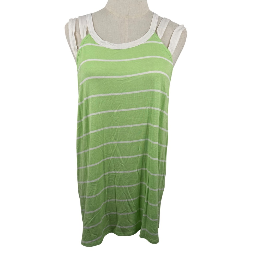 7th Ray Women XL Tank Top Lime Green Striped Layered Strap Coastal Beach USA EUC